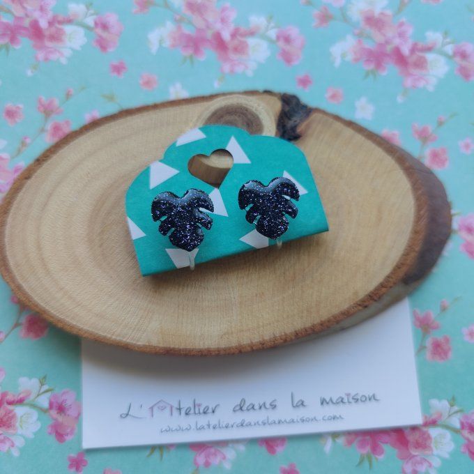 Boucles d'oreilles sans perçage feuille monstera paillettée
