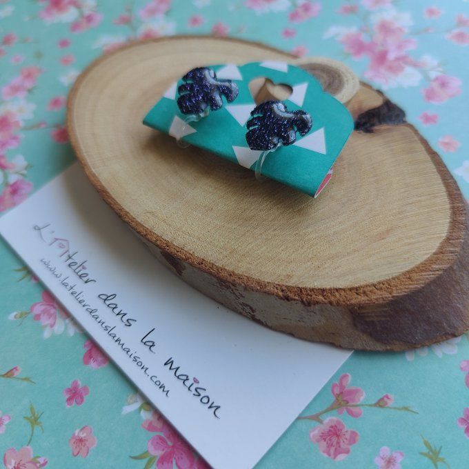 Boucles d'oreilles sans perçage feuille monstera paillettée