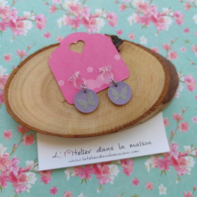 Boucles d'oreilles sans perçage enfant en simili papillon mauve
