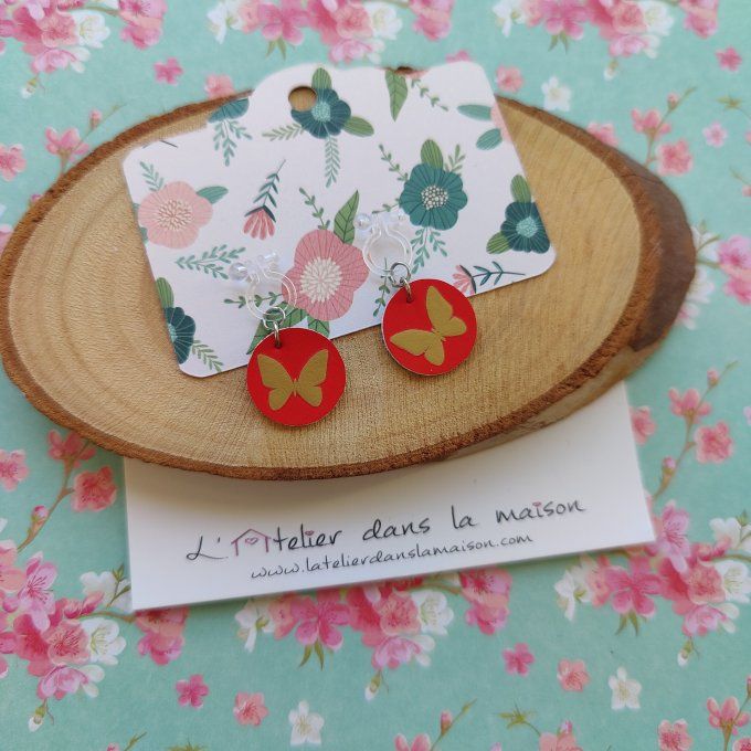Boucles d'oreilles sans perçage enfant en simili papillon rouge