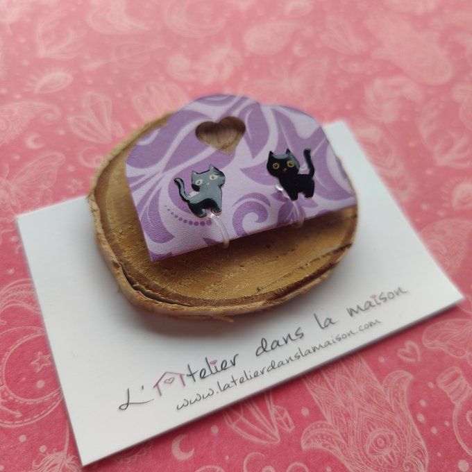 boucles d'oreilles chat noir avec ou sans perçage