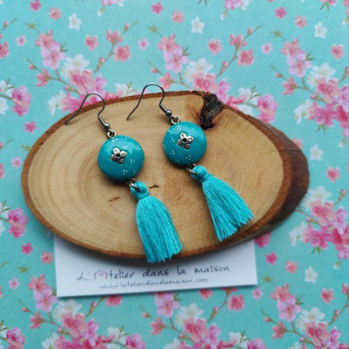 Boucles d'oreilles ronde turquoise et pompon