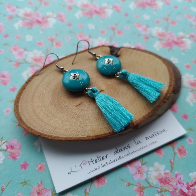 Boucles d'oreilles ronde turquoise et pompon