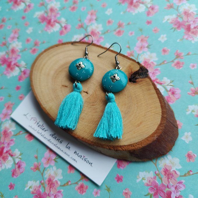 Boucles d'oreilles ronde turquoise et pompon