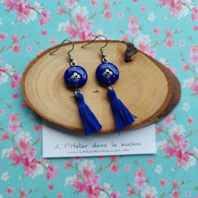 Boucles d'oreilles ronde bleu nuit et pompon 