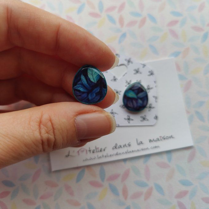 Boucles d'oreilles sans perçage feuillage bleu