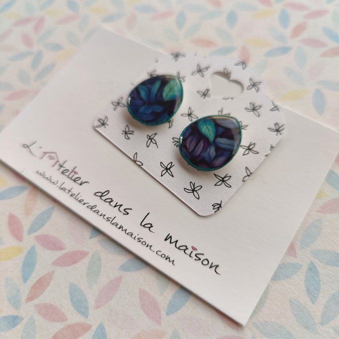 Boucles d'oreilles sans perçage feuillage bleu