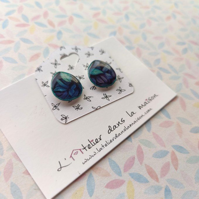 Boucles d'oreilles sans perçage feuillage bleu