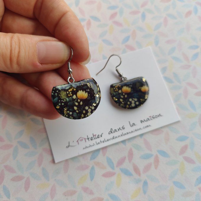 Boucles d'oreilles lotus noir et jaune