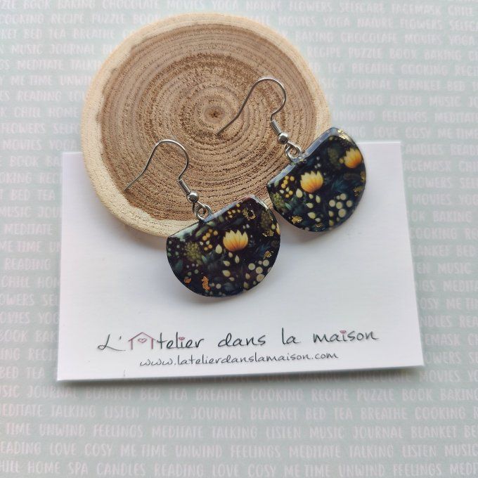 Boucles d'oreilles lotus noir et jaune