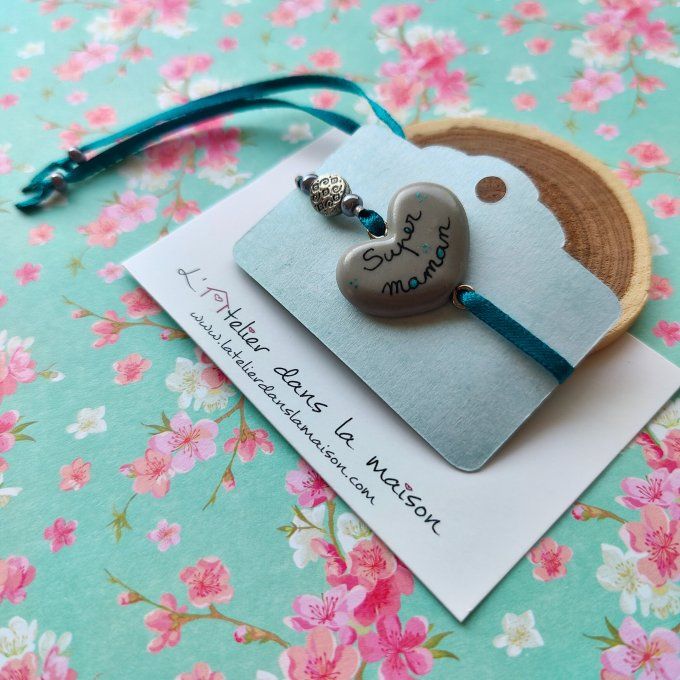 Bracelet coeur super maman gris et bleu