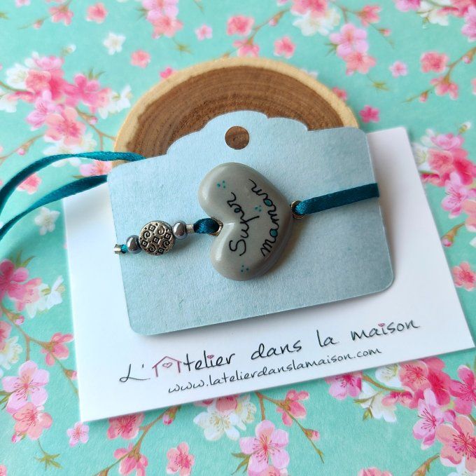 Bracelet coeur super maman gris et bleu