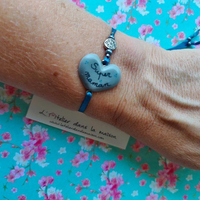 Bracelet coeur super maman gris et bleu