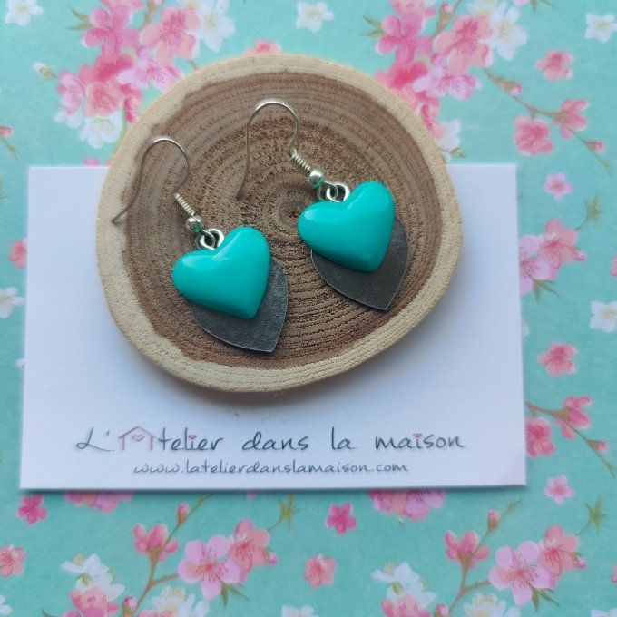 Boucles d'oreilles coeurs turquoises et taupe