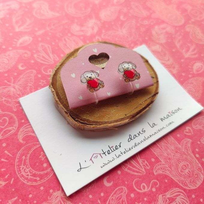 Boucles d'oreilles sans perçage teckel au coeur
