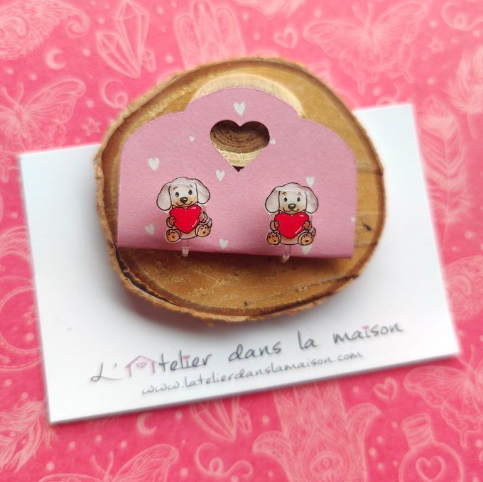 Boucles d'oreilles sans perçage teckel au coeur
