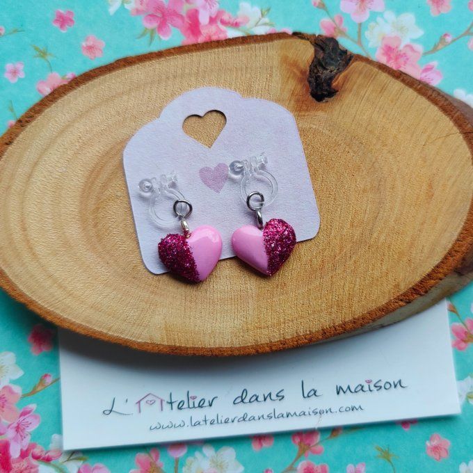 Boucles d'oreilles sans perçage coeurs roses avec paillettes