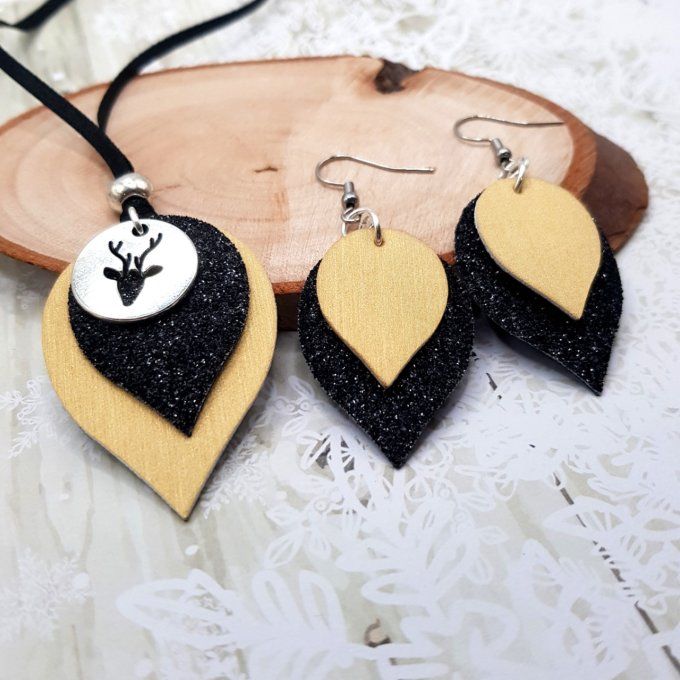 Collier ou Boucles d'oreilles noir pailletté et doré