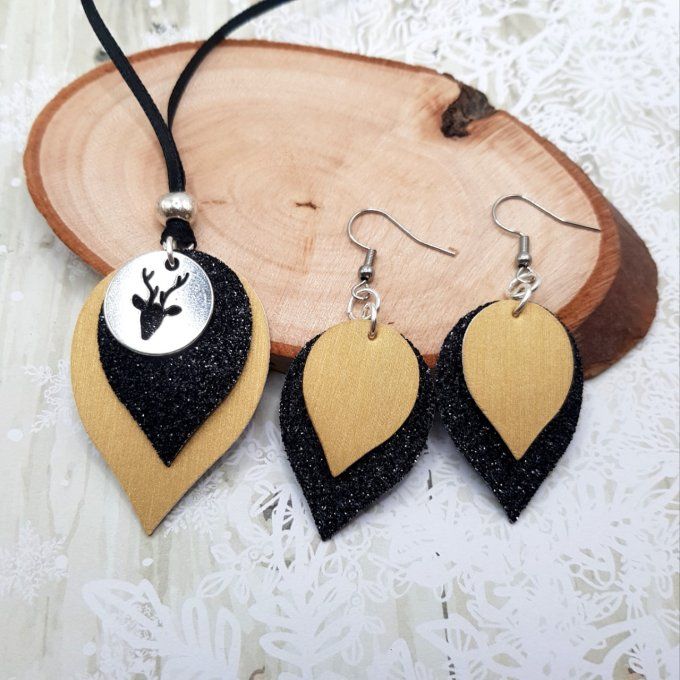 Collier ou Boucles d'oreilles noir pailletté et doré