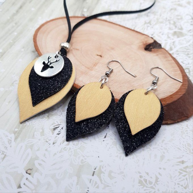 Collier ou Boucles d'oreilles noir pailletté et doré