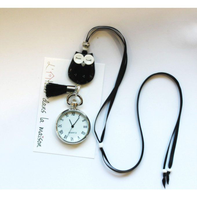 collier montre à gousset chouette noire