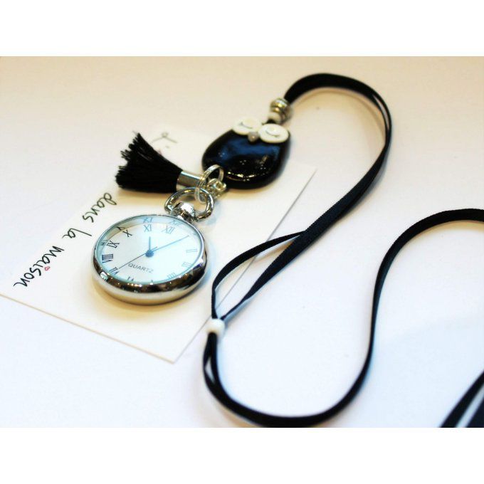 sautoir hibou montre gousset noire