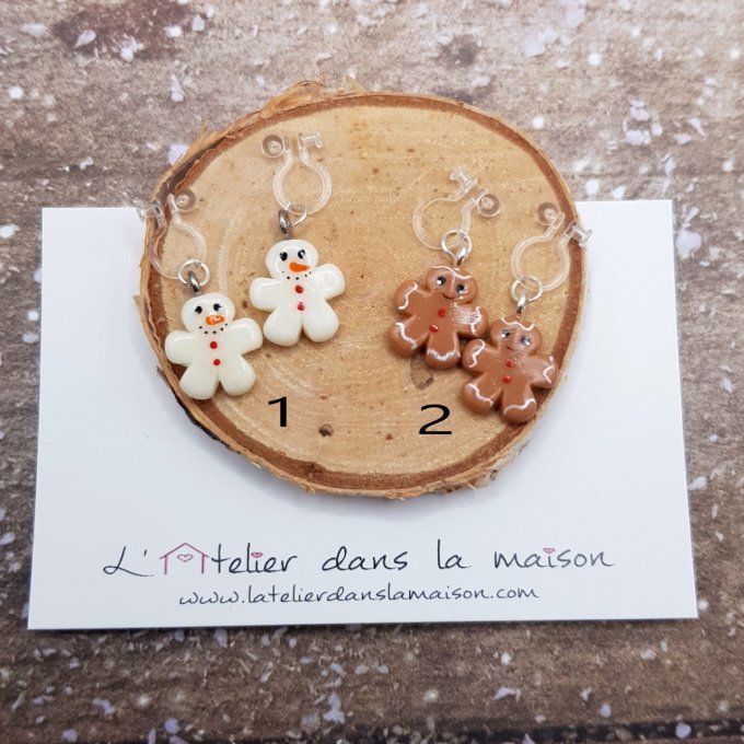 Boucles d'oreilles sans perçage  Noël bonhomme de neige ou pain d'épices