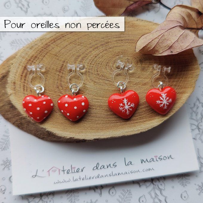 Boucles d'oreilles sans perçage coeurs rouges noël