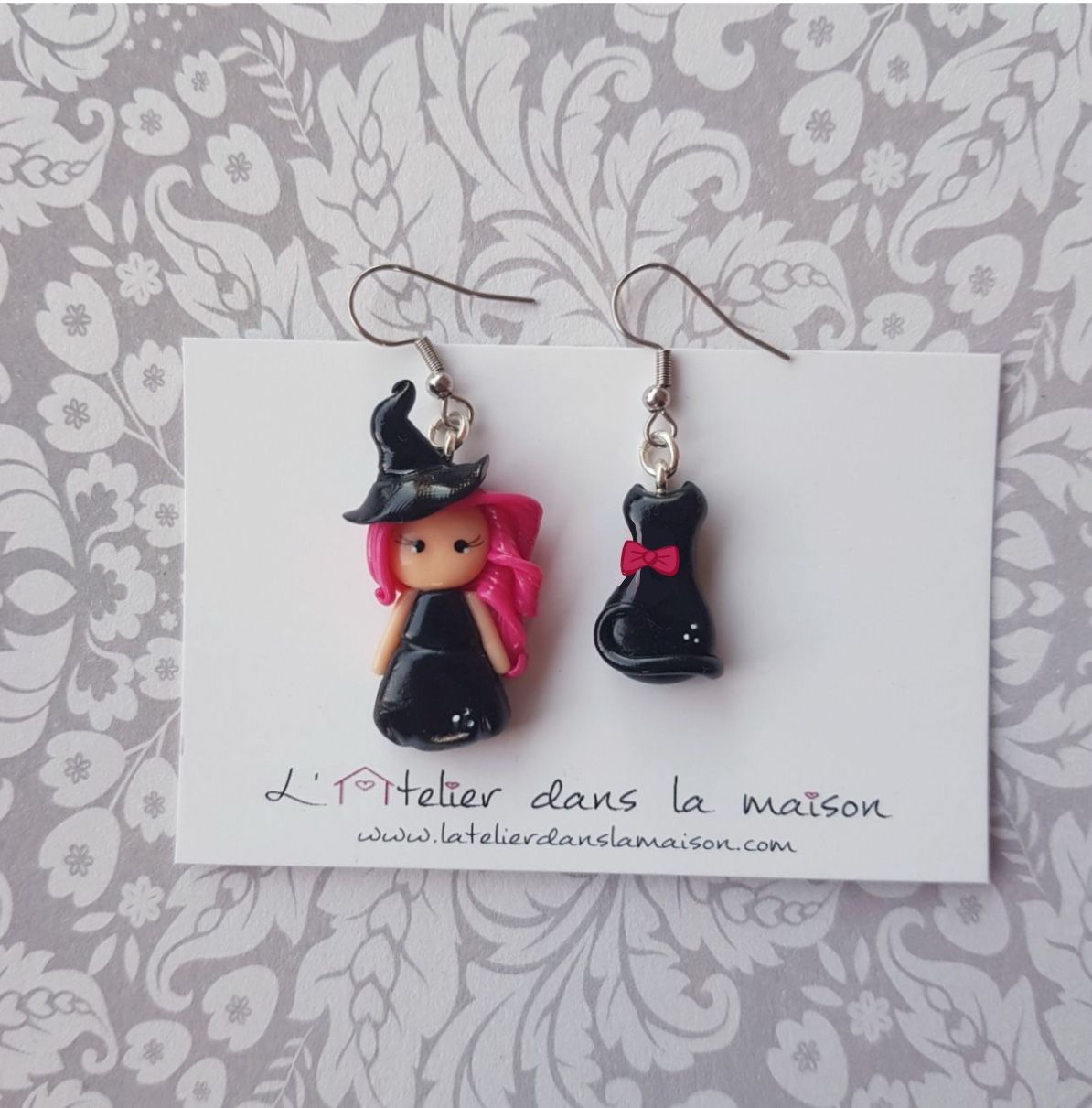 Boucles d'oreilles sorcière et chat noir - Commande spéciale