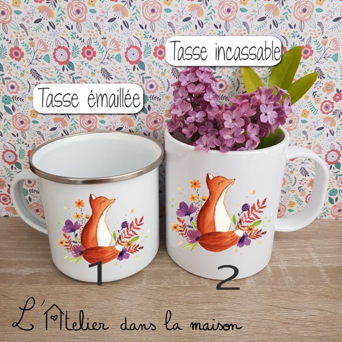 Tasses renarde et fleurs avec prénom 